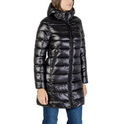 Women’s shiny black hooded puffer jacket from Blauer with long silhouette and turtleneck design