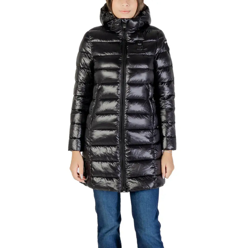 Women’s glossy black hooded puffer coat from Blauer with long design and turtleneck style