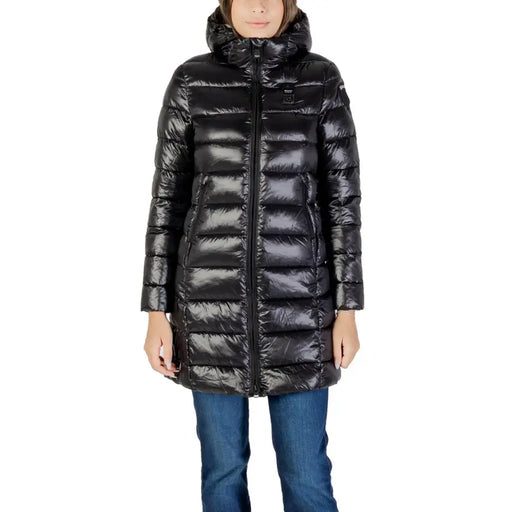 Women’s glossy black hooded puffer coat from Blauer with long design and turtleneck style