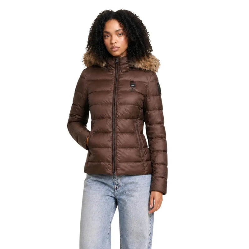 Blauer women nylon hooded blazer black shown as a brown quilted puffer jacket with fur-lined hood and black zipper