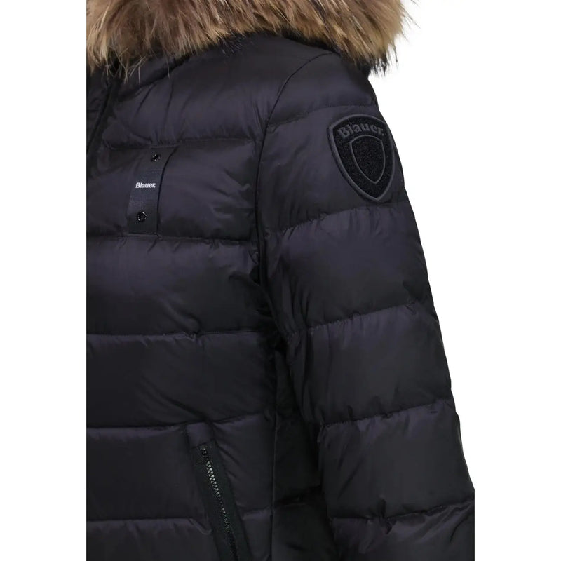 Black Blauer women nylon hooded blazer featuring a puffer design with fur-lined hood and branded shoulder patch