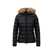 Blauer women nylon hooded blazer black featuring a quilted black puffer jacket with plush brown fur-lined hood