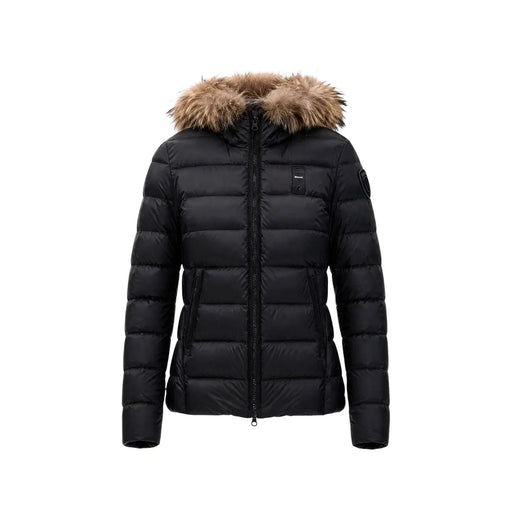 Blauer Blazer à capuche en nylon noir pour femme, doté d'une doudoune matelassée noire à capuche doublée de fourrure marron pelucheuse