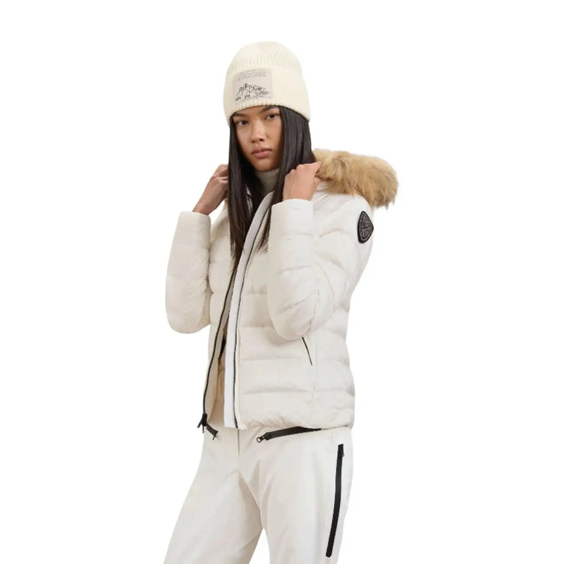 Blauer women nylon hooded blazer black featuring a cream-colored puffer jacket with fur-lined hood and black zipper accents