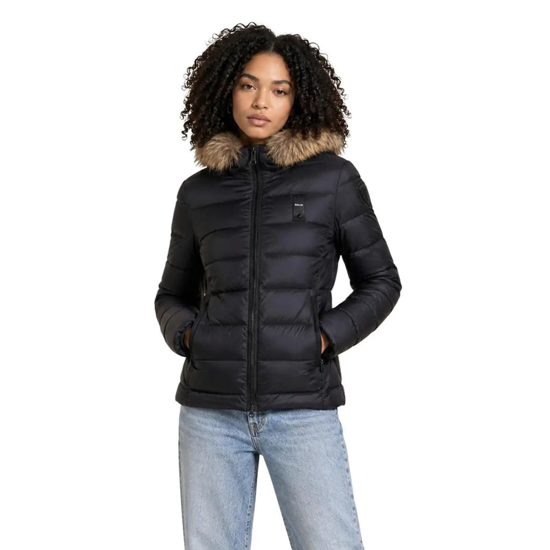 Blauer women nylon hooded blazer black featuring a black quilted puffer design with a fur-lined hood