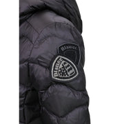 Black nylon hooded blazer by Blauer with quilted design and rhinestone-embellished brand patch on sleeve