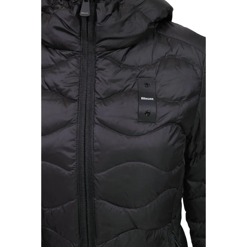 Blauer women black nylon hooded blazer with quilted puffer design front zipper and branded chest patch
