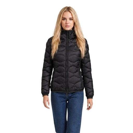 Blauer Doudoune matelassée en nylon noir pour femme, avec col montant et fermeture éclair, idéale par temps froid.