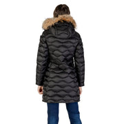 Blauer Doudoune d'hiver matelassée à capuche pour femme, en nylon noir avec capuche doublée de fourrure beige