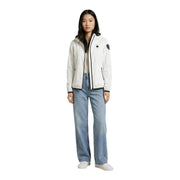 Blauer Veste à capuche blanche pour femme en nylon et élasthanne, avec fermeture éclair noire et écussons logo sur la poitrine et les manches.