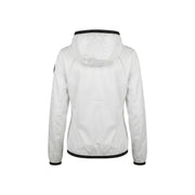 Blauer Veste à capuche blanche en nylon et élasthanne pour femme, avec bordures noires aux poignets, à l'ourlet et au col (vue de face)