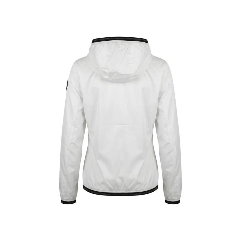 Blauer Veste à capuche blanche en nylon et élasthanne pour femme, avec bordures noires aux poignets, à l'ourlet et au col (vue de face)