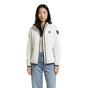 Blauer Veste à capuche blanche pour femme, en nylon élasthanne, avec fermeture éclair noire et petit écusson sur la manche gauche.
