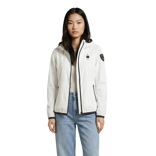 Blauer women white hooded jacket made of nylon elastane with black zipper trim and small patch on left sleeve