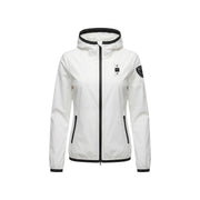 Blauer Veste à capuche blanche pour femme en nylon élasthanne avec bordure de fermeture éclair noire et empiècement sur la manche