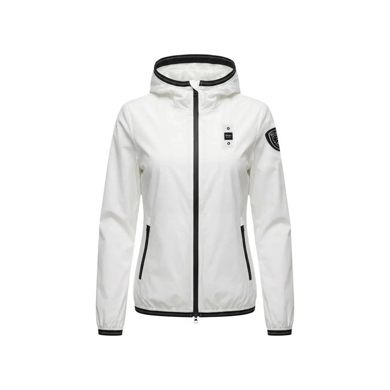 Blauer Veste à capuche blanche pour femme en nylon élasthanne avec bordure de fermeture éclair noire et empiècement sur la manche