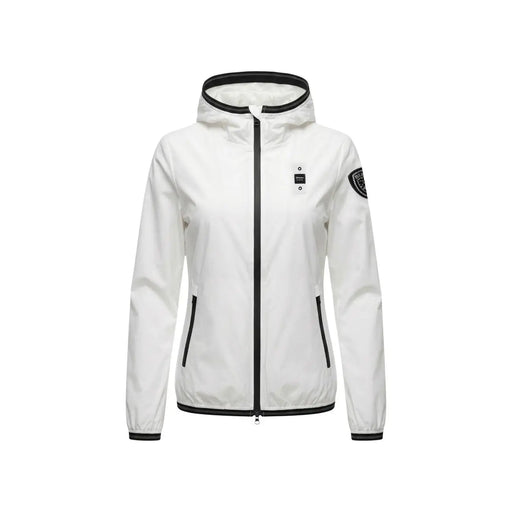 Blauer women white hooded jacket in nylon elastane with black zipper trim and sleeve patch