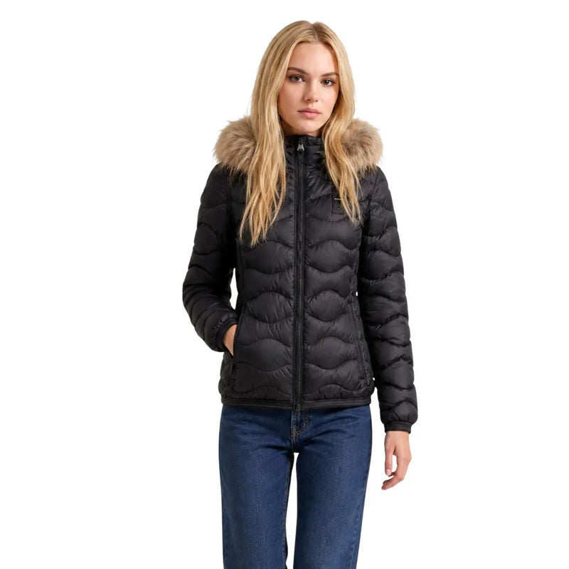Blauer women white hooded polyester blazer jacket featuring a black quilted puffer design with fur-lined hood