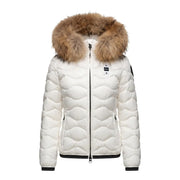Blauer women white hooded polyester blazer jacket with quilted down, plush brown fur-lined hood, and black trim details