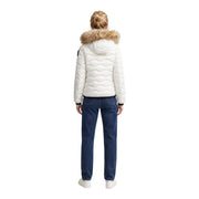 Blauer women white quilted polyester puffer jacket with tan fur-lined hood and hooded blazer style