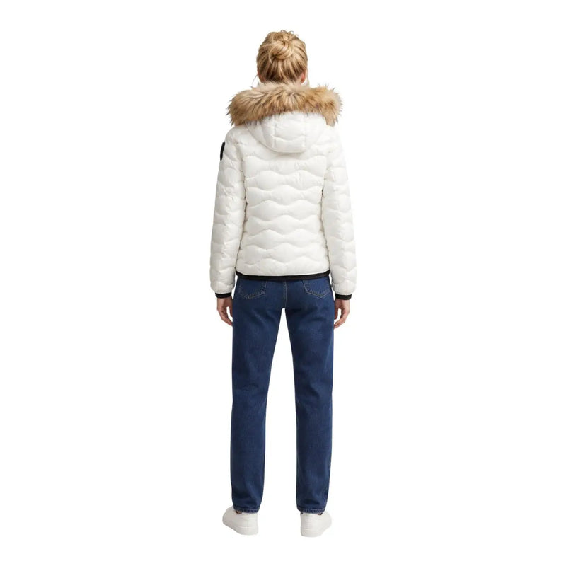 Blauer women white quilted polyester puffer jacket with tan fur-lined hood and hooded blazer style