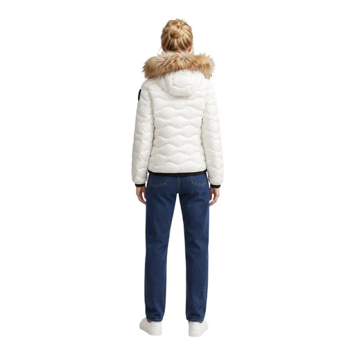 Blauer Doudoune matelassée blanche en polyester pour femme, avec capuche doublée de fourrure beige et style blazer à capuche