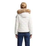 Blauer women white quilted polyester puffer jacket with tan fur-lined hood and black trim