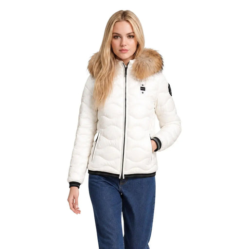 doudoune blanche matelassée en polyester de par Blauer pour femmes, avec une capuche doublée de fourrure et des finitions noires