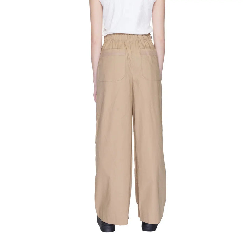 Blauer women’s beige cotton wide-leg trousers shown from the back with elastic waistband and two back pockets