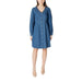Blue long sleeve denim dress with button-down design displayed in product image