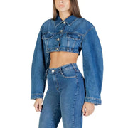 Blue denim cropped jacket with long sleeves and button closures featuring front pockets and buttons