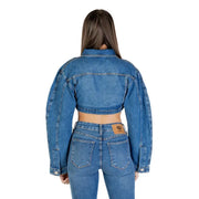 Blue denim cropped jacket with long sleeves and collar featuring front pockets and buttons for classic style