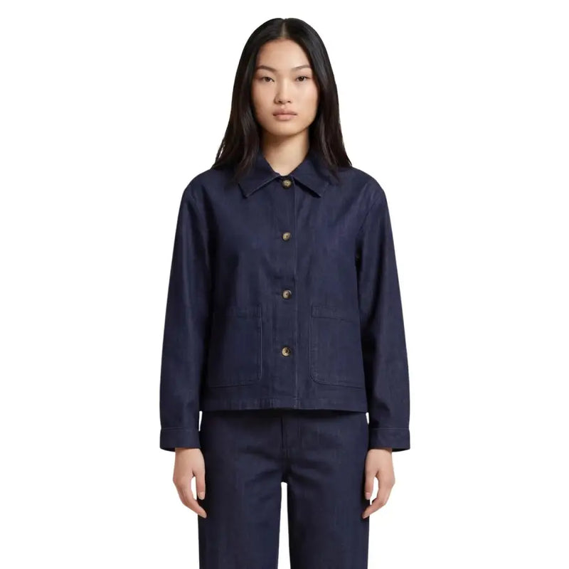 Veste boutonnée bleu marine en mélange de coton pour femme, avec col et poches