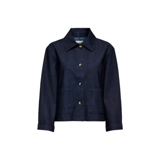 Veste en jean bleu foncé avec col classique et fermeture boutonnée pour femme