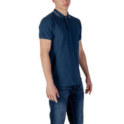 Navy blue polo shirt with white tipping and collar, made of cotton.