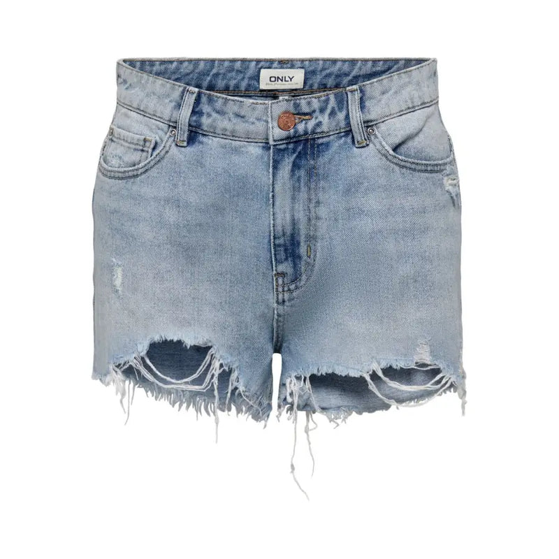 Blue cotton ripped shorts for women featuring light-wash denim with frayed distressed hems and classic five-pocket design