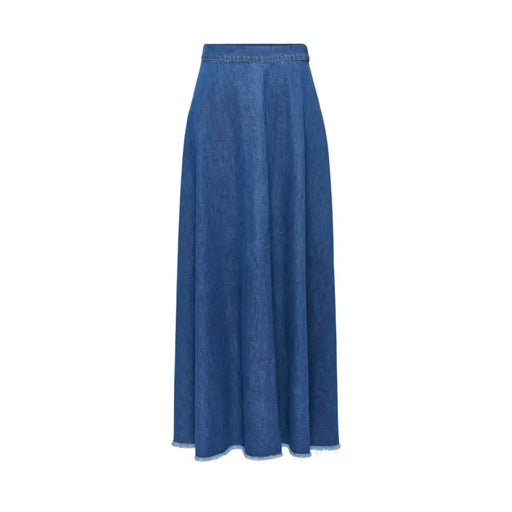 Blue cotton a-line denim maxi skirt for women in medium blue wash with elastic waistband and frayed hem for spring summer