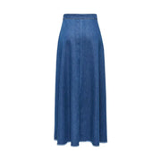 Blue cotton skirt for women spring summer with flowing medium-blue denim maxi design and subtle frayed straight hem