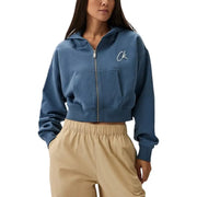 Blue cropped zip-up hoodie displayed on a model for the Blue Cropped Zip Up Hoodie product