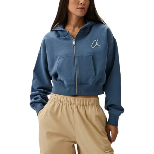 Blue cropped zip-up hoodie displayed on a model for the Blue Cropped Zip Up Hoodie product