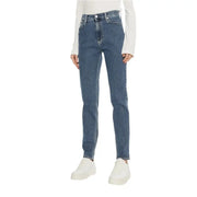 Blue high-waisted denim jeans for women displayed on a product page