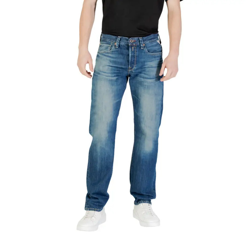Blue denim jeans with faded wash and classic five-pocket design made from durable denim fabric