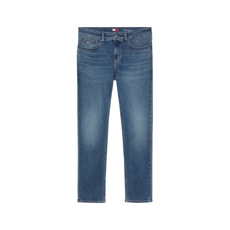 Tommy Hilfiger Mens Blue Jeans with Zip and Button displayed on a neutral background