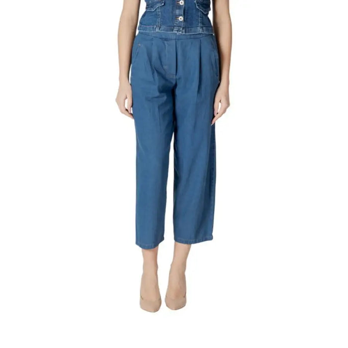 Blue denim jumpsuit with cropped pants, featured in Gray Cropped Pleated Pants product