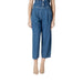 Blue denim jumpsuit with cropped pants, featured in Gray Cropped Pleated Pants product