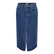 Blue denim midi skirt with front slit, stylish women’s fashion apparel