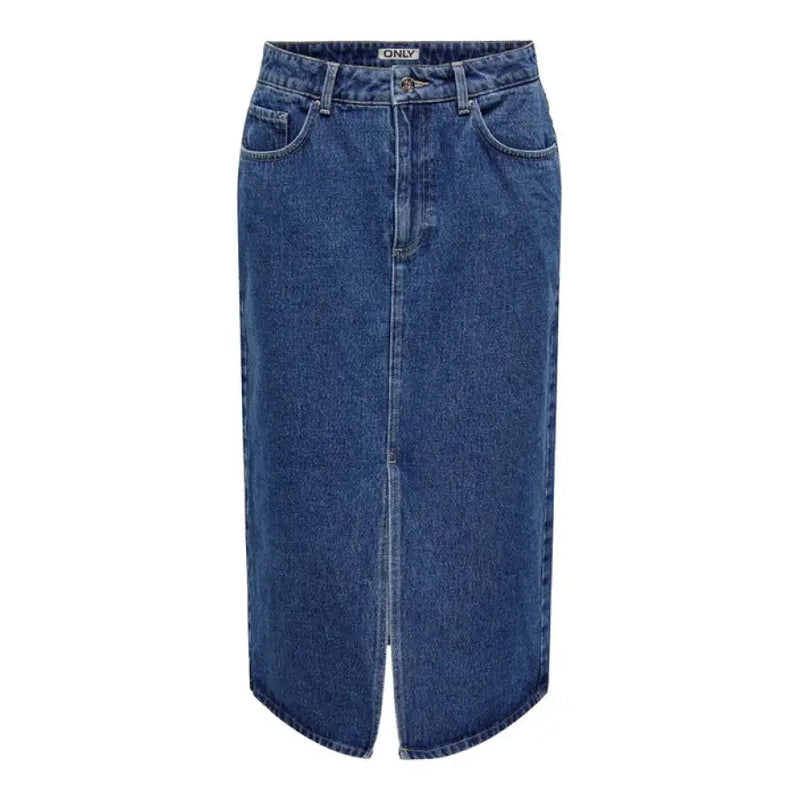 Blue denim midi skirt with front slit, stylish women’s fashion apparel