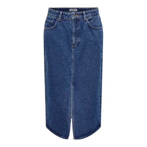 Blue denim midi skirt with front slit, stylish women’s fashion apparel