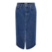 Blue denim midi skirt with front slit, stylish women’s fashion apparel