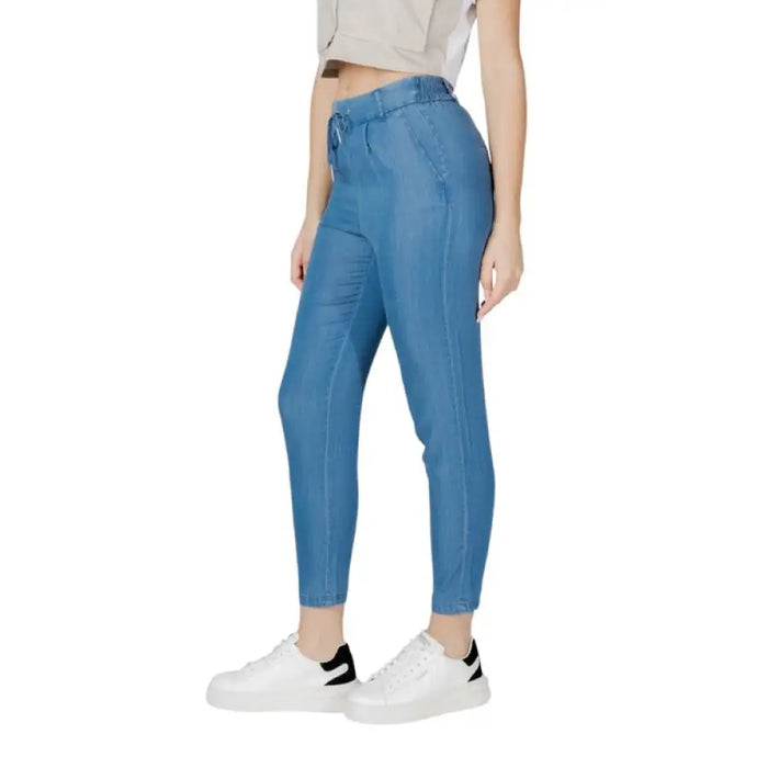 Blue denim drawstring pants featured in the Blue Drawstring Waist Pants product line